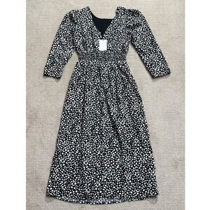 SUGARLIPS Midi Dress Smocked Waist‎ V-Neck 3/4 Sleeve Black White S